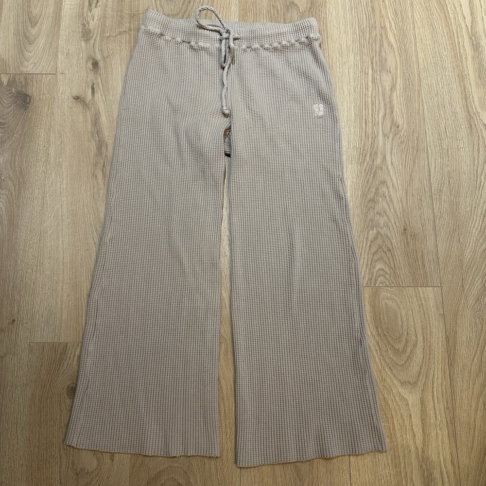 Monrow Womens Drawstring Knit Flare Wide Leg Sweatpants Size Small Beige 26"